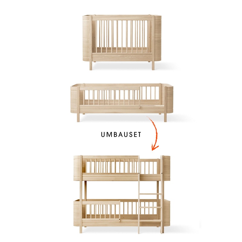 Wood Umbau-Set von Mini+ Babybett & Mini+ Juniorbett zum halbhohen Etagenbett/ eiche